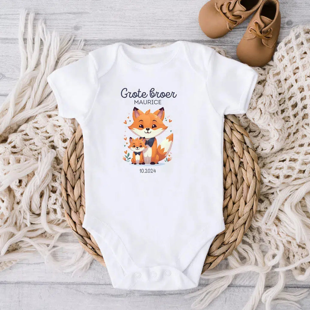 Ik word grote broer Baby romper, organisch katoen, grote broer romper met naam en geboortedatum, dieren, vossen, cute