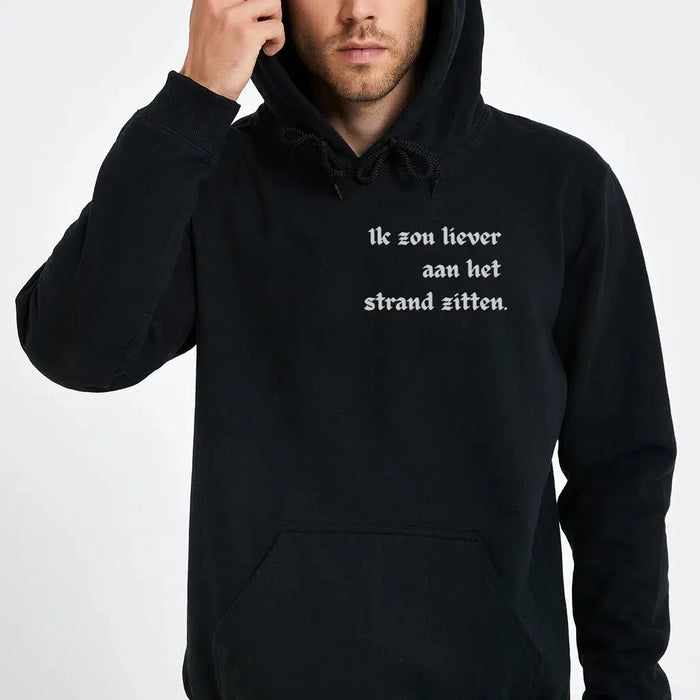 Hoodie Ik zou liever aan het strand zitten, initialen achterkant, hoodie van organisch katoen, sarcasme, sarcastische humor, gepersonaliseerd cadeau, humor