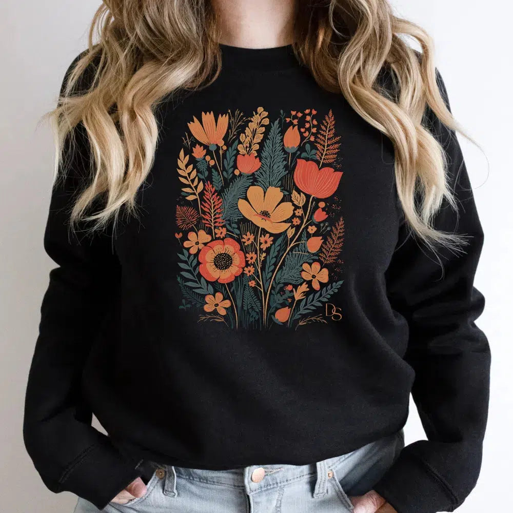 Retro Boho Bloemen Initialen, Boho gepersonaliseerde sweater, Retro bloemenprint met initialen, trui van organisch katoen, vintage, gepersonaliseerd cadeau