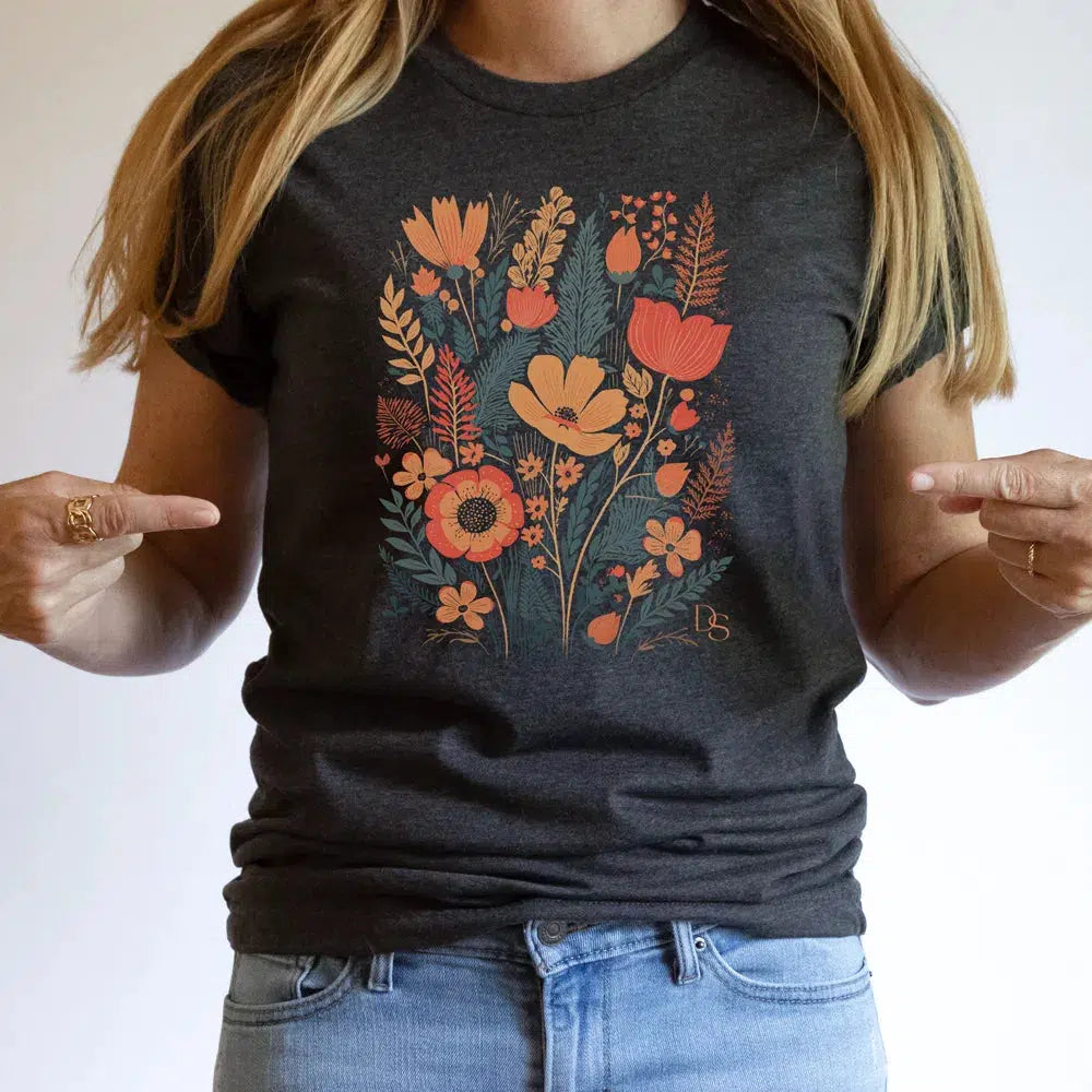 Boho gepersonaliseerd t-shirt, Retro bloemenprint met initialen, organisch katoen, gepersonaliseerd cadeau, retro, vintage