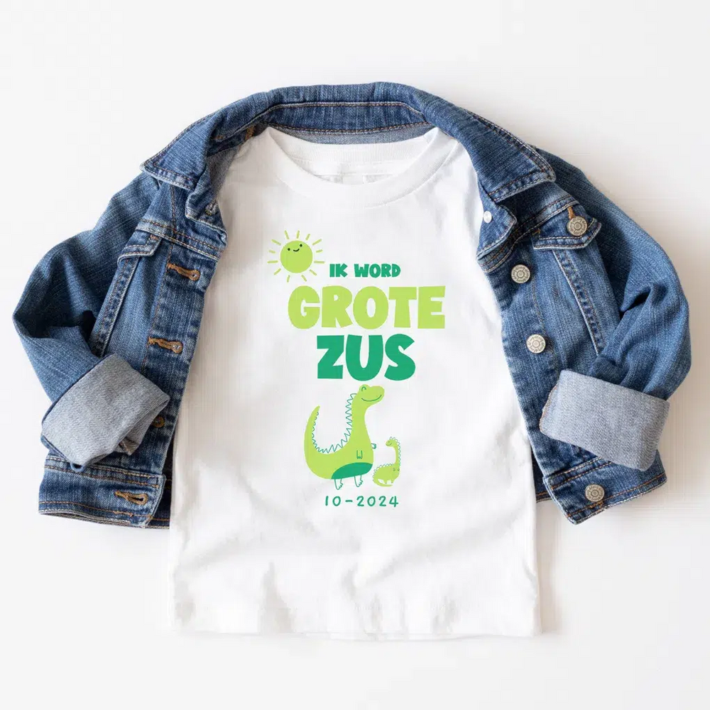 Hoera ik word grote zus, gepersonaliseerd t-shirt biologisch katoen, grote zus shirt, dinosaurus, geboortedatum