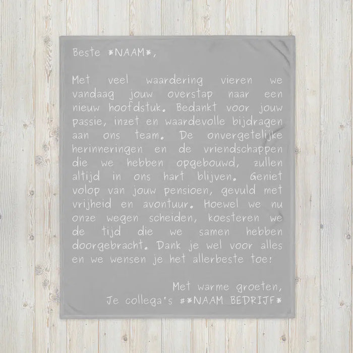 Gepersonaliseerd cadeau pensioen, gepersonaliseerd deken pensioen, afscheid collega, pensioen kleinigheidje, hartverwarmend, origineel, uniek, brief, deken met tekst