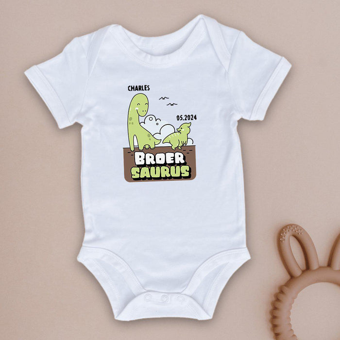 Broersaurus baby romper, ik word grote broer, rompertje met naam & geboortedatum, organisch katoen